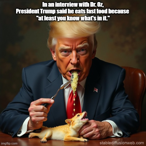 Trump's View Of Fast Food Is As Enlightened As His Politics | In an interview with Dr. Oz, President Trump said he eats fast food because 
"at least you know what's in it." | image tagged in trump,fast food,eat dogs,doctor oz | made w/ Imgflip meme maker