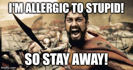Sparta Leonidas | I'M ALLERGIC TO STUPID! SO STAY AWAY! | image tagged in memes,sparta leonidas | made w/ Imgflip meme maker