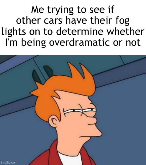 driving in the fog be like | Me trying to see if other cars have their fog lights on to determine whether I'm being overdramatic or not | image tagged in memes,futurama fry,driving,fog,cars | made w/ Imgflip meme maker