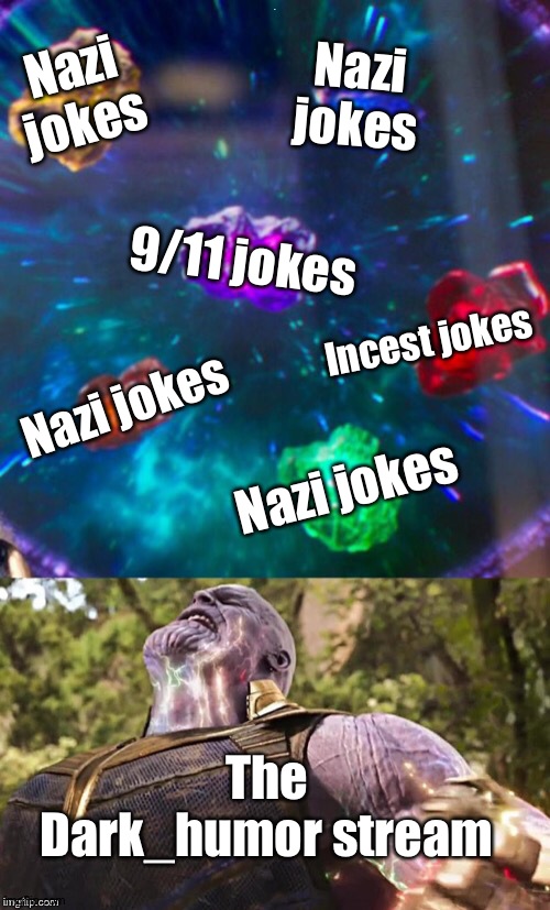 Dark_humor stream be like | Nazi jokes; Nazi jokes; 9/11 jokes; Incest jokes; Nazi jokes; Nazi jokes; The Dark_humor stream | image tagged in thanos infinity stones,nazi jokes,9/11,dark humor,emo humor,hitler | made w/ Imgflip meme maker