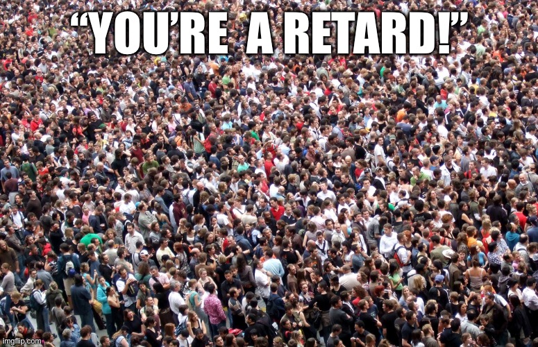 crowd of people | “YOU’RE  A RETARD!” | image tagged in crowd of people | made w/ Imgflip meme maker
