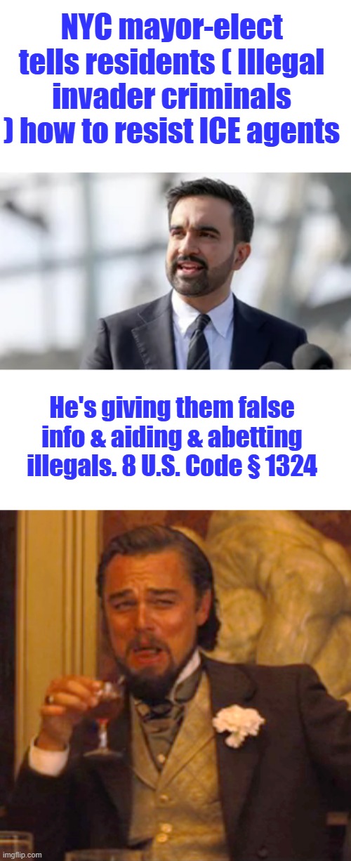 NYC mayor-elect tells residents ( Illegal invader criminals ) how to resist ICE agents; He's giving them false info & aiding & abetting illegals. 8 U.S. Code § 1324 | image tagged in memes,laughing leo | made w/ Imgflip meme maker