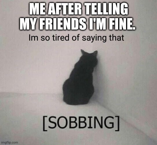 :| | ME AFTER TELLING MY FRIENDS I'M FINE. Im so tired of saying that | image tagged in sobbing cat,mental health,i'm fine | made w/ Imgflip meme maker