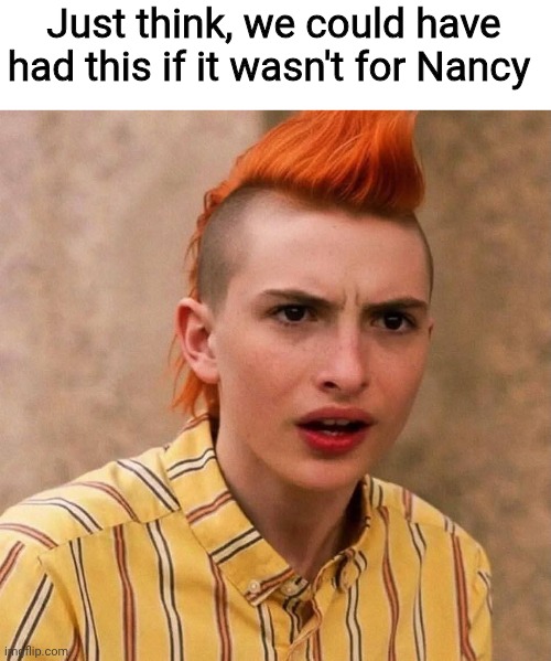 Oh what could have been | Just think, we could have had this if it wasn't for Nancy | image tagged in stranger things,mike wheeler,mohawk,memes | made w/ Imgflip meme maker