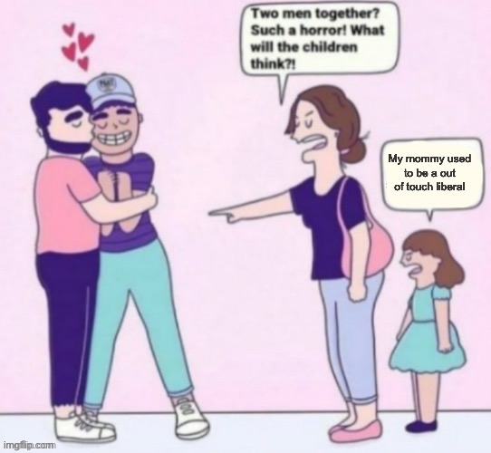 What will the children think | My mommy used to be a out of touch liberal | image tagged in what will the children think | made w/ Imgflip meme maker