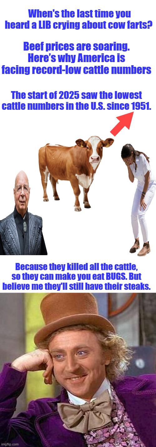 HOW many years was Cow Farts 1 of their snivels they killed the cows & now blame tariffs. Cattle can be raised in US no tariffs | When's the last time you heard a LIB crying about cow farts? Beef prices are soaring. Here’s why America is facing record-low cattle numbers; The start of 2025 saw the lowest cattle numbers in the U.S. since 1951. Because they killed all the cattle, so they can make you eat BUGS. But believe me they'll still have their steaks. | image tagged in cow,memes,creepy condescending wonka | made w/ Imgflip meme maker