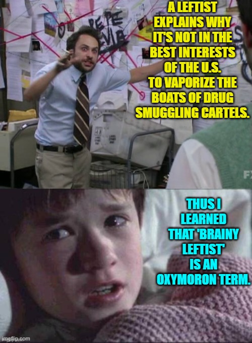 Common sense and leftism . . . like oil and water. | A LEFTIST EXPLAINS WHY IT'S NOT IN THE BEST INTERESTS OF THE U.S. TO VAPORIZE THE BOATS OF DRUG SMUGGLING CARTELS. THUS I LEARNED THAT 'BRAINY LEFTIST' IS AN OXYMORON TERM. | image tagged in charlie day | made w/ Imgflip meme maker