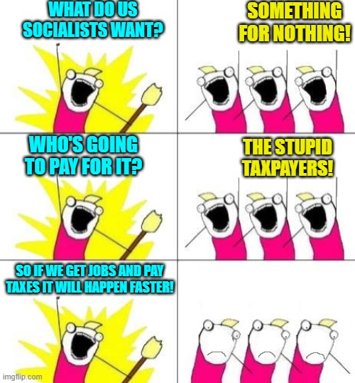 Well . . . back to the drawing board. | WHAT DO US SOCIALISTS WANT? SOMETHING FOR NOTHING! THE STUPID TAXPAYERS! WHO'S GOING TO PAY FOR IT? SO IF WE GET JOBS AND PAY TAXES IT WILL HAPPEN FASTER! | image tagged in what do we want bummed out | made w/ Imgflip meme maker