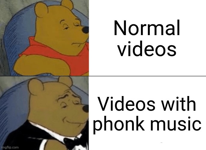 YouTube vids belike | Normal videos; Videos with phonk music | image tagged in memes,tuxedo winnie the pooh | made w/ Imgflip meme maker