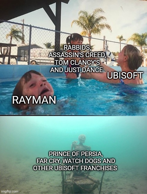Ubisoft in a nutshell again | RABBIDS, ASSASSIN'S CREED, TOM CLANCY'S AND JUST DANCE; UBISOFT; RAYMAN; PRINCE OF PERSIA, FAR CRY, WATCH DOGS AND OTHER UBISOFT FRANCHISES | image tagged in mother ignoring kid drowning in a pool,ubisoft | made w/ Imgflip meme maker