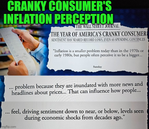 Cranky consumer's inflation perception | CRANKY CONSUMER'S INFLATION PERCEPTION | image tagged in affordability,inflation,spending,economy | made w/ Imgflip meme maker
