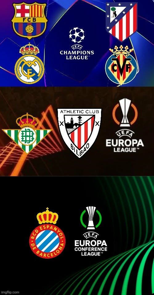 PREDICTION: 7 LALIGA EA SPORTS Teams in UEFA Club Competitions 2026/2027 | image tagged in laliga,champions league,europa league,conference league,barcelona,real madrid | made w/ Imgflip meme maker