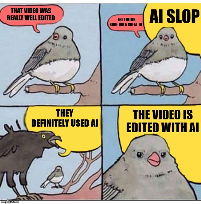 The ones who can't tell what's AI and what isn't | THAT VIDEO WAS REALLY WELL EDITED; AI SLOP; THE EDITOR SURE DID A GREAT JO-; THEY DEFINITELY USED AI; THE VIDEO IS EDITED WITH AI | image tagged in annoyed bird,ai meme | made w/ Imgflip meme maker