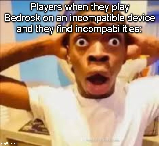 "bugrock moement haha" ?? | Players when they play Bedrock on an incompatible device and they find incompabilities: | image tagged in no way face shocked black guy | made w/ Imgflip meme maker