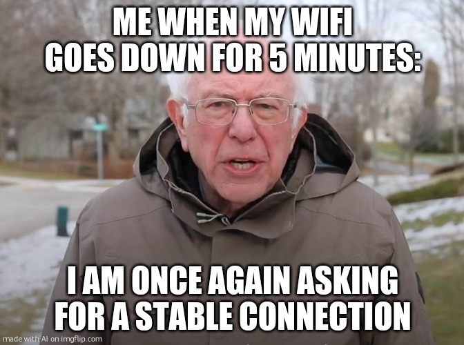Its only fast when you dont need it | ME WHEN MY WIFI GOES DOWN FOR 5 MINUTES:; I AM ONCE AGAIN ASKING FOR A STABLE CONNECTION | image tagged in bernie sanders once again asking | made w/ Imgflip meme maker