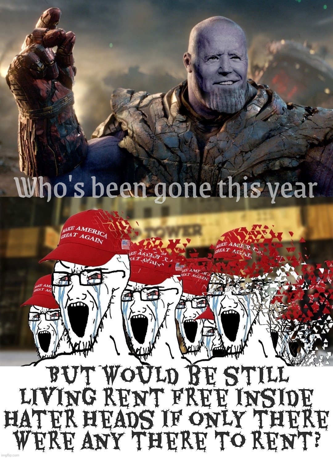 Can't say Biden lives rent free in Trumper heads because they don't have any and styrofoam don't count | Who's been gone this year; But would be still living rent free inside hater heads if only there
were any there to rent? | image tagged in biden thanos maga,a year without biden,an eternity still haunting magat brains,do zits have brains,living rent free,get a hobby | made w/ Imgflip meme maker