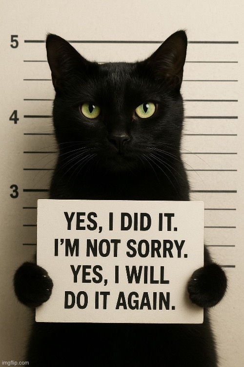 I take him at his word… | image tagged in cats,black cat,mug shot,i did it,ill do it again | made w/ Imgflip meme maker