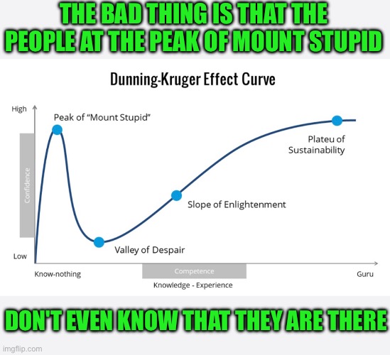 Dunning-Kruger effect - at the peak of mount stupid | THE BAD THING IS THAT THE PEOPLE AT THE PEAK OF MOUNT STUPID; DON'T EVEN KNOW THAT THEY ARE THERE | image tagged in dunning-kruger effect,mount stupid,funny,memes,work | made w/ Imgflip meme maker
