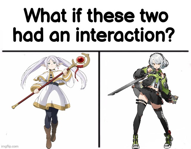 Will Frieren and Anby getting along well, since both of them have similar face, love Burger and same Japanese VA? | image tagged in what if these two had an interaction,frieren beyond journey's end,zenless zone zero | made w/ Imgflip meme maker
