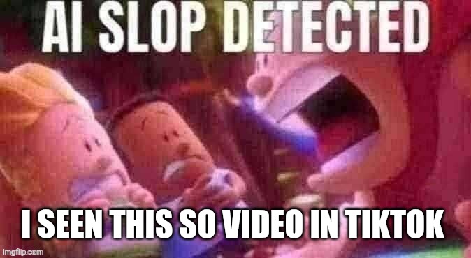 AI SLOP DETECTED | I SEEN THIS SO VIDEO IN TIKTOK | image tagged in ai slop detected | made w/ Imgflip meme maker