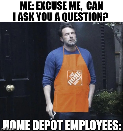 Me Excuse Me Can I Ask You A Question? Home Depot Employees | ME: EXCUSE ME,  CAN I ASK YOU A QUESTION? HOME DEPOT EMPLOYEES: | image tagged in chrisjoines1 | made w/ Imgflip meme maker