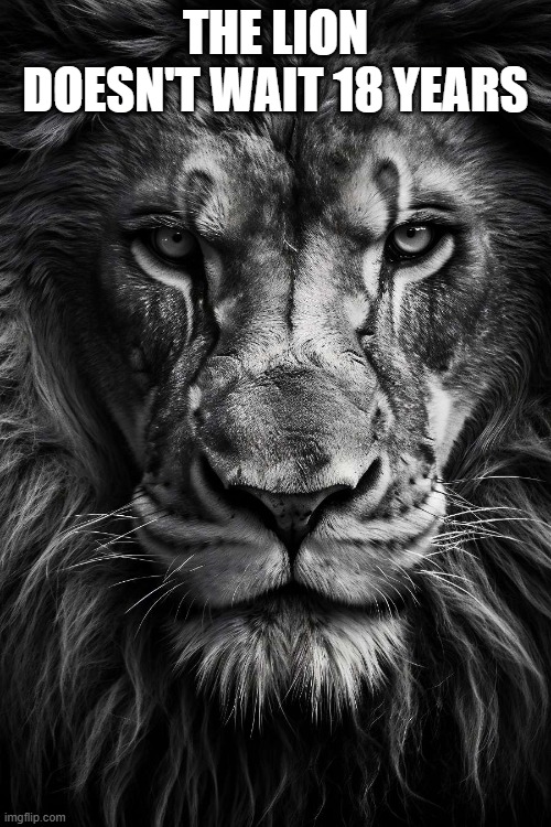 fr on god | THE LION DOESN'T WAIT 18 YEARS | image tagged in a lion doesn t concern himseld | made w/ Imgflip meme maker