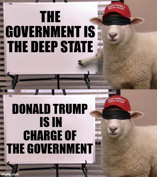 THE SHEEP STATE | THE GOVERNMENT IS THE DEEP STATE DONALD TRUMP
 IS IN CHARGE OF THE GOVERNMENT | image tagged in whiteboard,jim halpert explains,jim halpert pointing to whiteboard,maga,trump,deep state | made w/ Imgflip meme maker