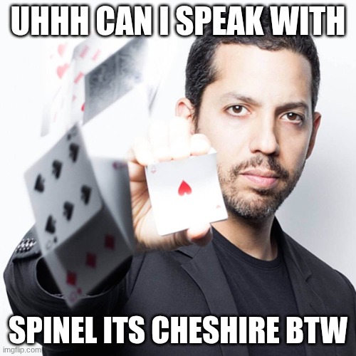 cheshire x Facilier announcement temp | UHHH CAN I SPEAK WITH; SPINEL ITS CHESHIRE BTW | image tagged in david blaine | made w/ Imgflip meme maker