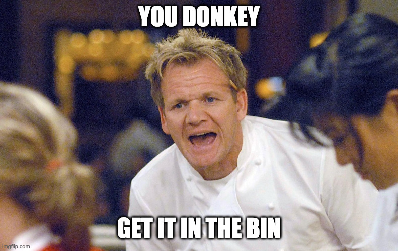 Gordon Ramsay Yelling | YOU DONKEY; GET IT IN THE BIN | image tagged in gordon ramsay yelling | made w/ Imgflip meme maker