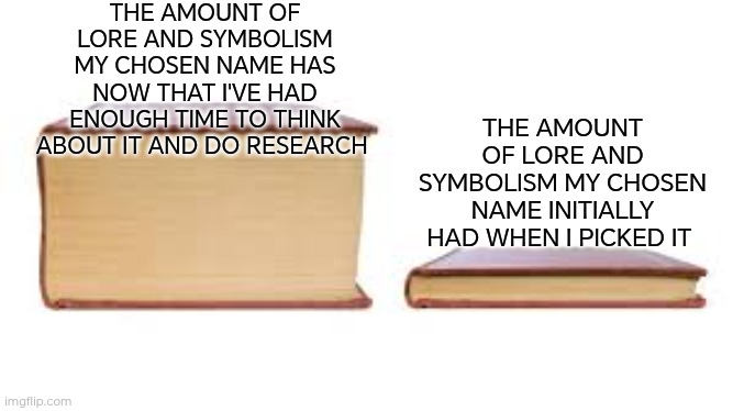 From "I just like Raine and Lucy as names" to "You wanna know how I got these names? Let me tell you in detail" (in Joker voice) | THE AMOUNT OF LORE AND SYMBOLISM MY CHOSEN NAME HAS NOW THAT I'VE HAD ENOUGH TIME TO THINK ABOUT IT AND DO RESEARCH; THE AMOUNT OF LORE AND SYMBOLISM MY CHOSEN NAME INITIALLY HAD WHEN I PICKED IT | image tagged in big book small book,lore,enby,non-binary,trans,name | made w/ Imgflip meme maker