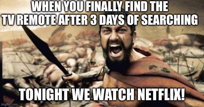 WHEN YOU FINALLY FIND THE TV REMOTE AFTER 3 DAYS OF SEARCHING; TONIGHT WE BINGE! | WHEN YOU FINALLY FIND THE TV REMOTE AFTER 3 DAYS OF SEARCHING; TONIGHT WE WATCH NETFLIX! | image tagged in memes,sparta leonidas,tv,remote control,television,netflix and chill | made w/ Imgflip meme maker