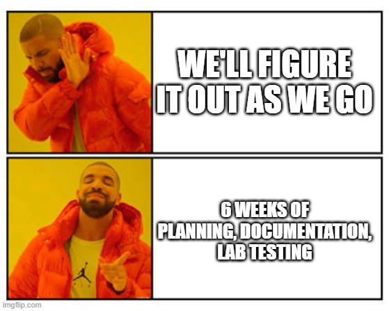 planning for migration | WE'LL FIGURE IT OUT AS WE GO; 6 WEEKS OF PLANNING, DOCUMENTATION, LAB TESTING | image tagged in no - yes | made w/ Imgflip meme maker