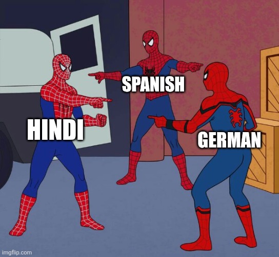 Spider Man Triple | SPANISH; HINDI; GERMAN | image tagged in spider man triple | made w/ Imgflip meme maker