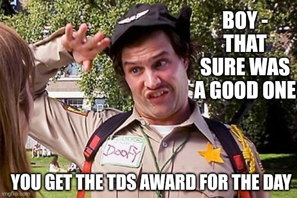 Special Officer Doofy | BOY -
THAT SURE WAS A GOOD ONE YOU GET THE TDS AWARD FOR THE DAY | image tagged in special officer doofy | made w/ Imgflip meme maker