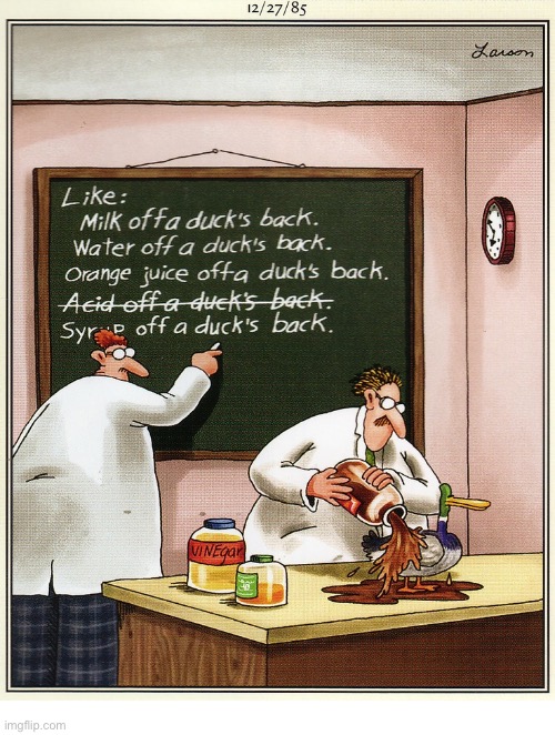 The Far Side Idiom Test Lab… | image tagged in the far side,comics,lab,duck,idiom | made w/ Imgflip meme maker