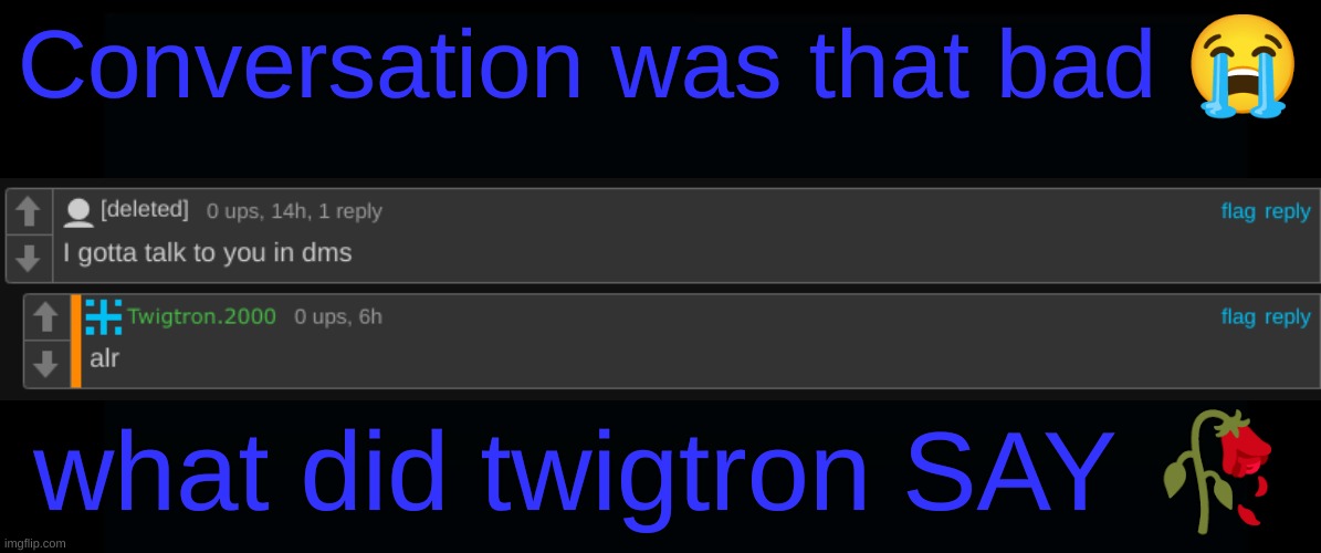 Everything is stupid bill wurtz | Conversation was that bad 😭; what did twigtron SAY 🥀 | image tagged in everything is stupid bill wurtz | made w/ Imgflip meme maker