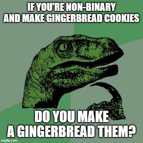 Obviously no hate | IF YOU'RE NON-BINARY AND MAKE GINGERBREAD COOKIES; DO YOU MAKE A GINGERBREAD THEM? | image tagged in memes,philosoraptor,funny,non binary,gingerbread man,gingerbread | made w/ Imgflip meme maker