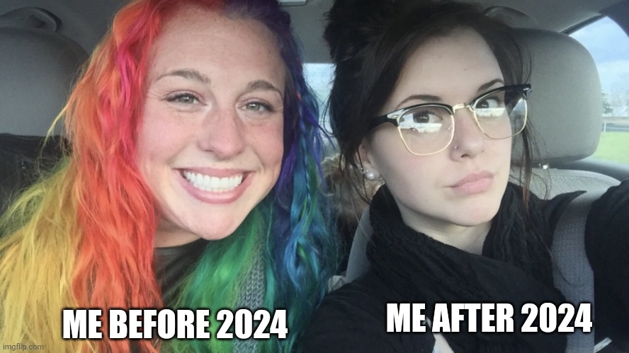 Me before 2024: *shipped myself with an OC* Me now: *regrets Pop up school and made more male characters* | ME BEFORE 2024; ME AFTER 2024 | image tagged in rainbow hair and goth,fictional world,transition,2024 | made w/ Imgflip meme maker