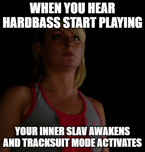 into the darkness | WHEN YOU HEAR HARDBASS START PLAYING; YOUR INNER SLAV AWAKENS AND TRACKSUIT MODE ACTIVATES | image tagged in slavic,into the darkness | made w/ Imgflip meme maker