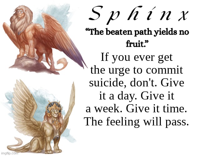 I speak from experience. | If you ever get the urge to commit suicide, don't. Give it a day. Give it a week. Give it time. The feeling will pass. | image tagged in spinx aka erocitnam | made w/ Imgflip meme maker