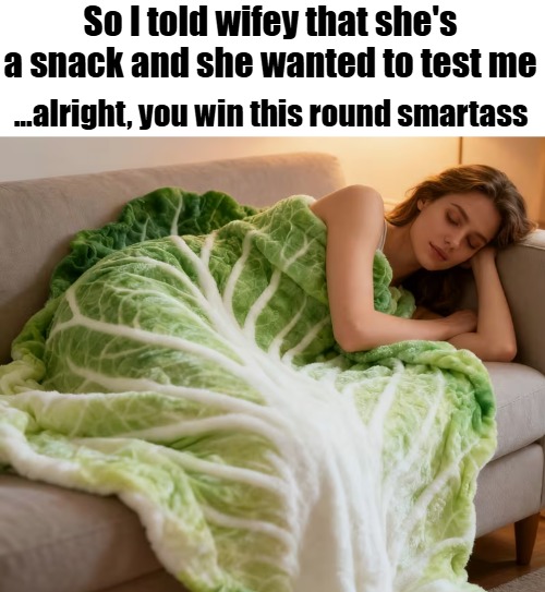 So I told wifey that she's a snack and she wanted to test me; ...alright, you win this round smartass | image tagged in funny | made w/ Imgflip meme maker