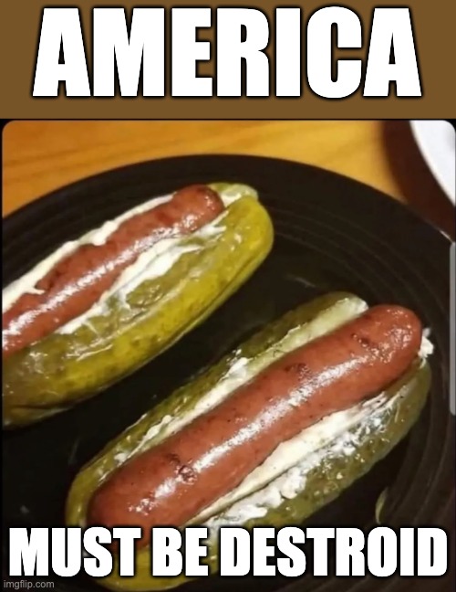 pickle dogs | AMERICA; MUST BE DESTROID | image tagged in pickle dogs | made w/ Imgflip meme maker