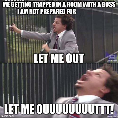 boss battle | ME GETTING TRAPPED IN A ROOM WITH A BOSS I AM NOT PREPARED FOR; LET ME OUT; LET ME OUUUUUUUUTTT! | image tagged in eric andre let me in meme | made w/ Imgflip meme maker