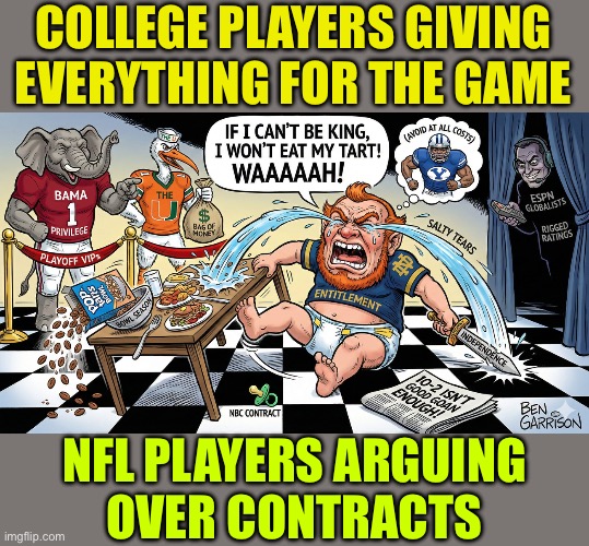 COLLEGE ATHLETES BEFORE NIL DEALS; COLLEGE ATHLETES AFTER NIL DEALS | COLLEGE PLAYERS GIVING EVERYTHING FOR THE GAME; NFL PLAYERS ARGUING
OVER CONTRACTS | image tagged in nd bag of money,notre dame,nfl memes,comics/cartoons,sports,inflation | made w/ Imgflip meme maker