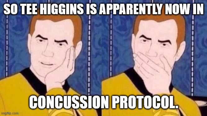 Sarcastically surprised Kirk | SO TEE HIGGINS IS APPARENTLY NOW IN; CONCUSSION PROTOCOL. | image tagged in sarcastically surprised kirk | made w/ Imgflip meme maker
