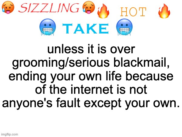 sizzling hot take | unless it is over grooming/serious blackmail, ending your own life because of the internet is not anyone's fault except your own. | image tagged in sizzling hot take | made w/ Imgflip meme maker