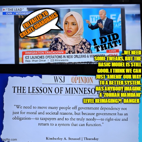 The Lesson of Minnesota's Fraud | FBI FAILED TO CREATE GUARDRAILS; ...WE NEED SOME TWEAKS, BUT THE BASIC MODEL IS STILL GOOD. I THINK WE CAN JUST 'AMEND' OUR WAY TO A BETTER SYSTEM.  HAS ANYBODY IMAGINE A 'ZOHRAN MAMDANI' LEVEL REIMAGING?!  DANGER | image tagged in ilhan omar,minnesota,fraud,welfare,somalis | made w/ Imgflip meme maker