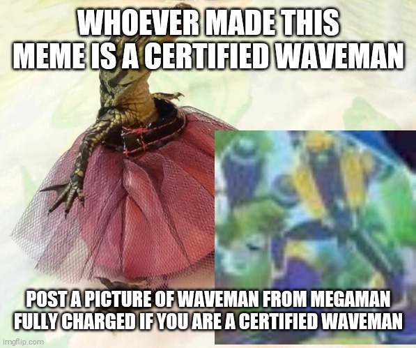 The person who posted this meme template is a certified waveman | WHOEVER MADE THIS MEME IS A CERTIFIED WAVEMAN; POST A PICTURE OF WAVEMAN FROM MEGAMAN FULLY CHARGED IF YOU ARE A CERTIFIED WAVEMAN | image tagged in baby alligator feels pretty,shitpost | made w/ Imgflip meme maker