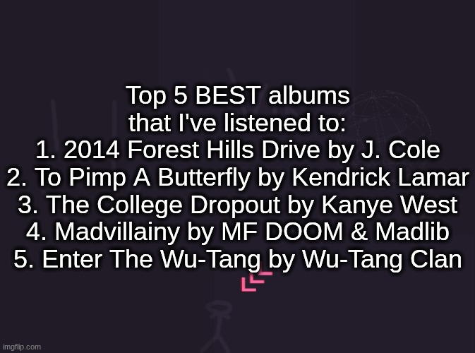 vik's image | Top 5 BEST albums that I've listened to:
1. 2014 Forest Hills Drive by J. Cole
2. To Pimp A Butterfly by Kendrick Lamar
3. The College Dropout by Kanye West

4. Madvillainy by MF DOOM & Madlib
5. Enter The Wu-Tang by Wu-Tang Clan | image tagged in vik's image | made w/ Imgflip meme maker