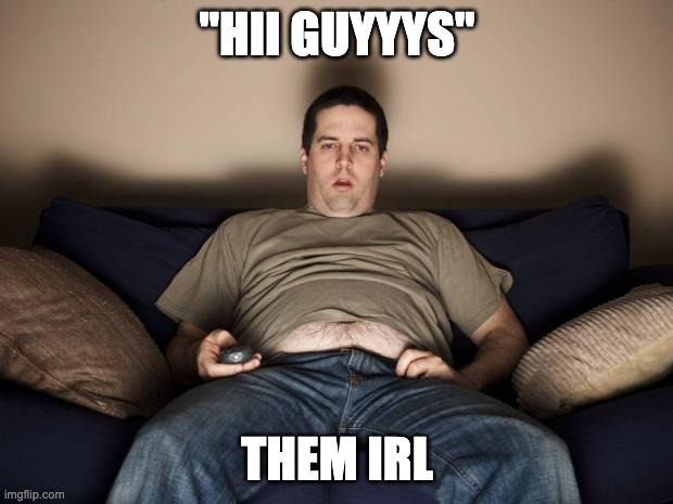 lazy fat guy on the couch | "HII GUYYYS" THEM IRL | image tagged in lazy fat guy on the couch | made w/ Imgflip meme maker
